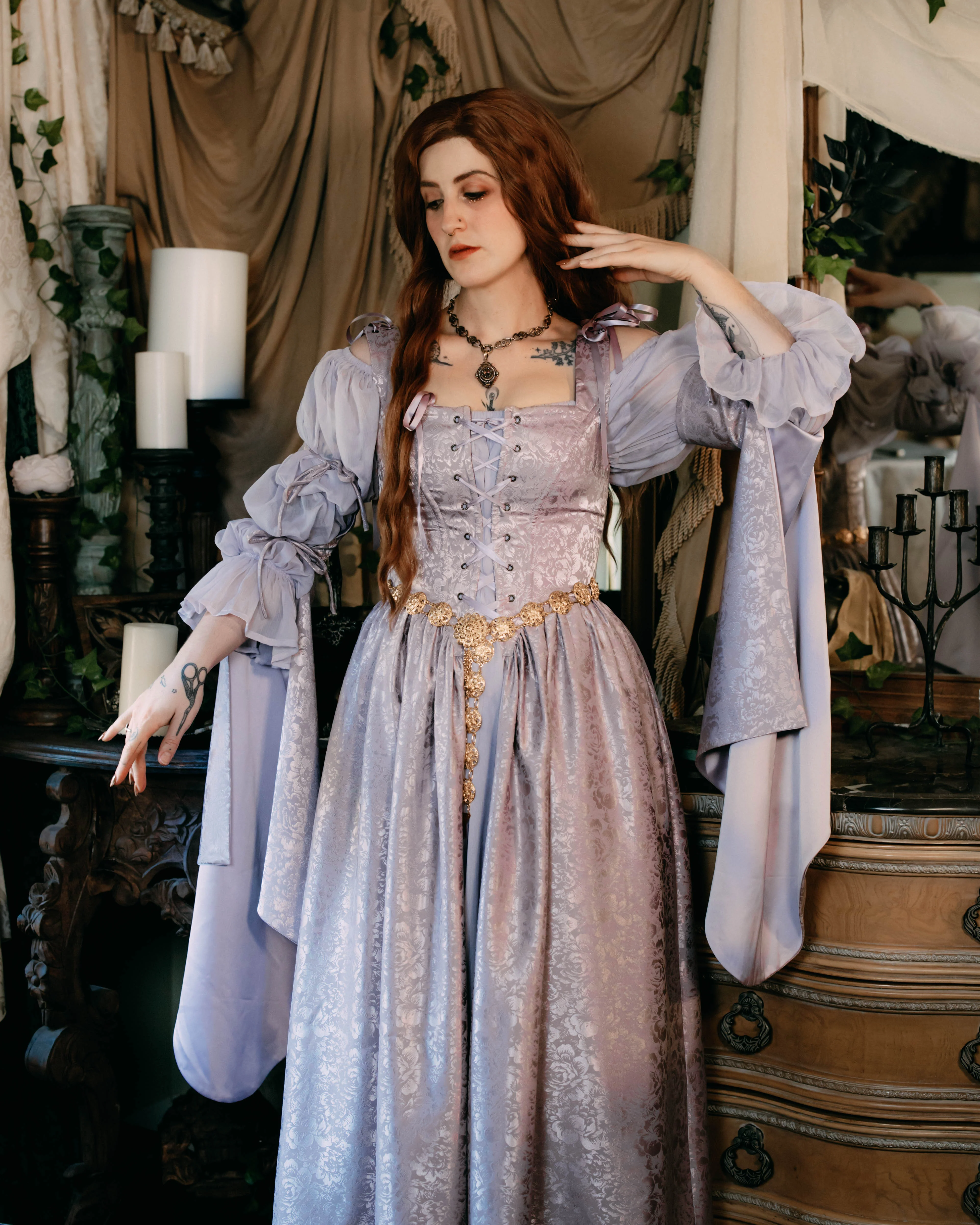Lavender Floral Satin Corset Dress - Image 21